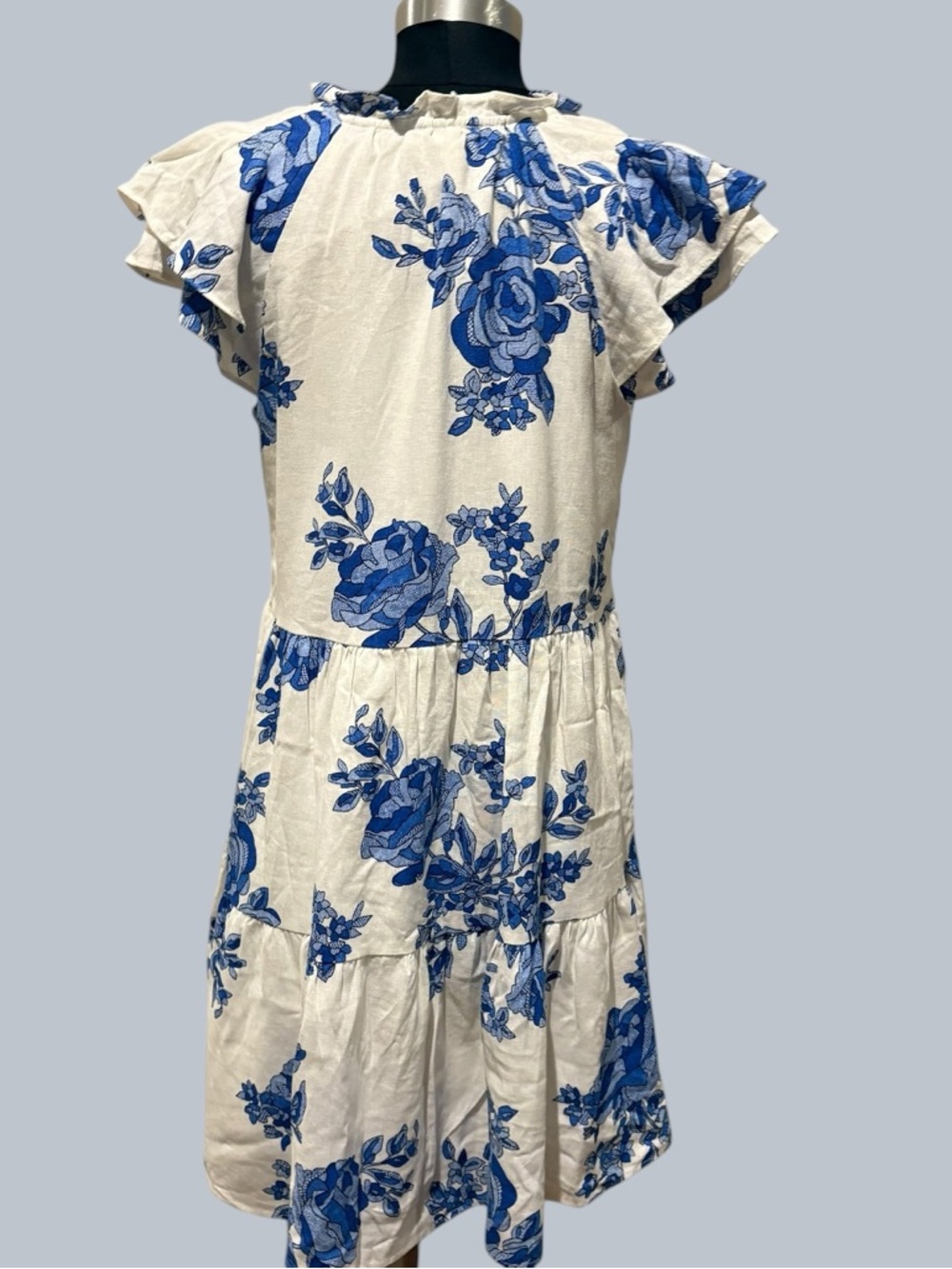 CeCe Blue & White linen blended Floral Tiered Mini Dress size S - Picture 2 of 11